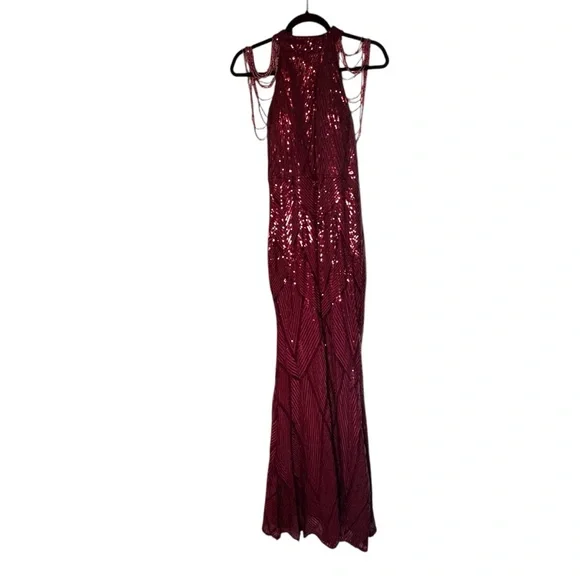 NWOT Miss Ord Burgundy Sequin Halter with Beads Floor Length Dress Size Medium - Picture 5 of 12